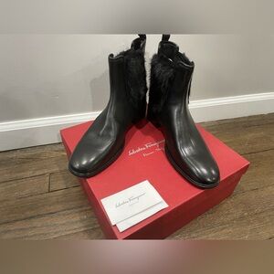 Salvatore Ferragamo Black Leather Faux Fur Nero Size 10.5